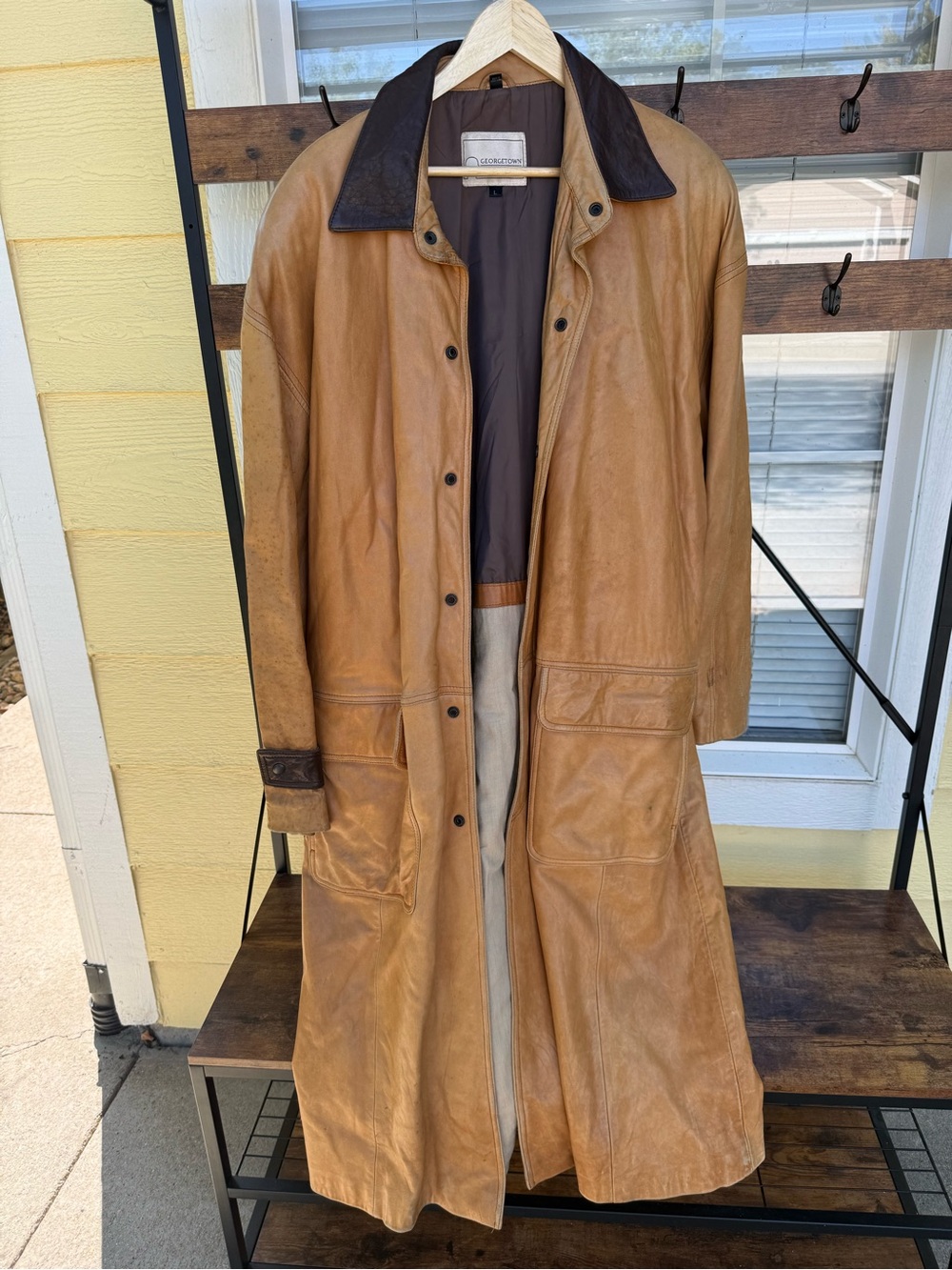 Vintage men’s Leather Long Coat with Contrast Collar - Tan